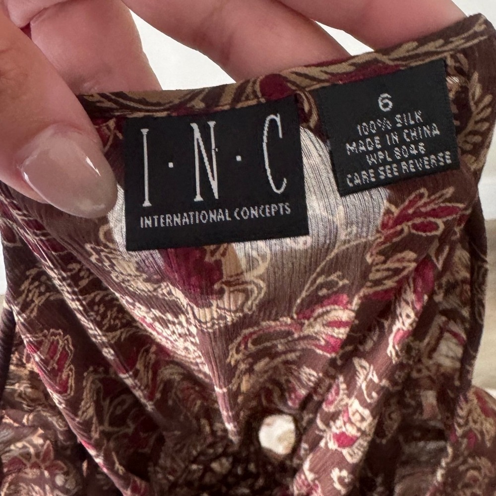 INC Blouse 6 Brown Paisley One Shoulder Smocked Silk Top Sheer - Picture 4 of 4